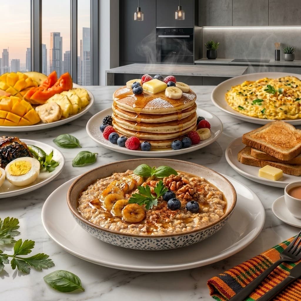 Pancakes, oatmeal, and fresh fruit spread on a marble kitchen counter