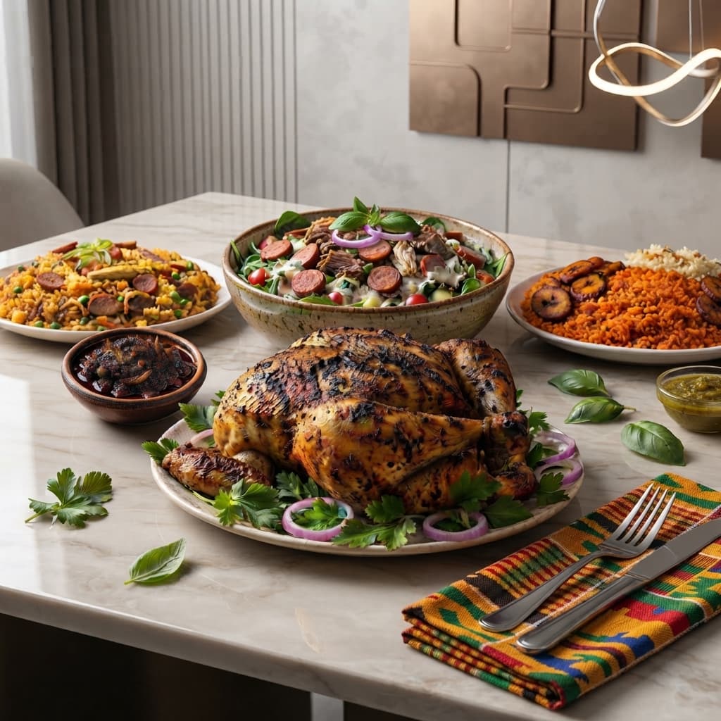 Roast chicken feast with jollof rice, fresh salad, and kente napkin on marble